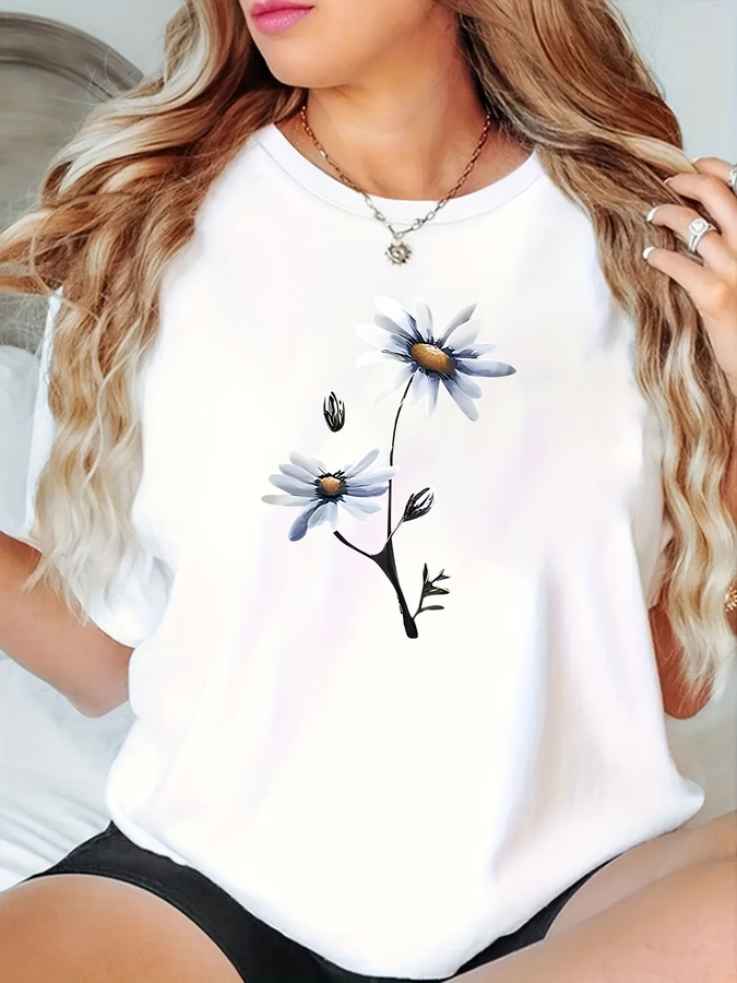 Summer 2025 Clothing Essentials - Daisy Flower Print T-shirt Casual Large