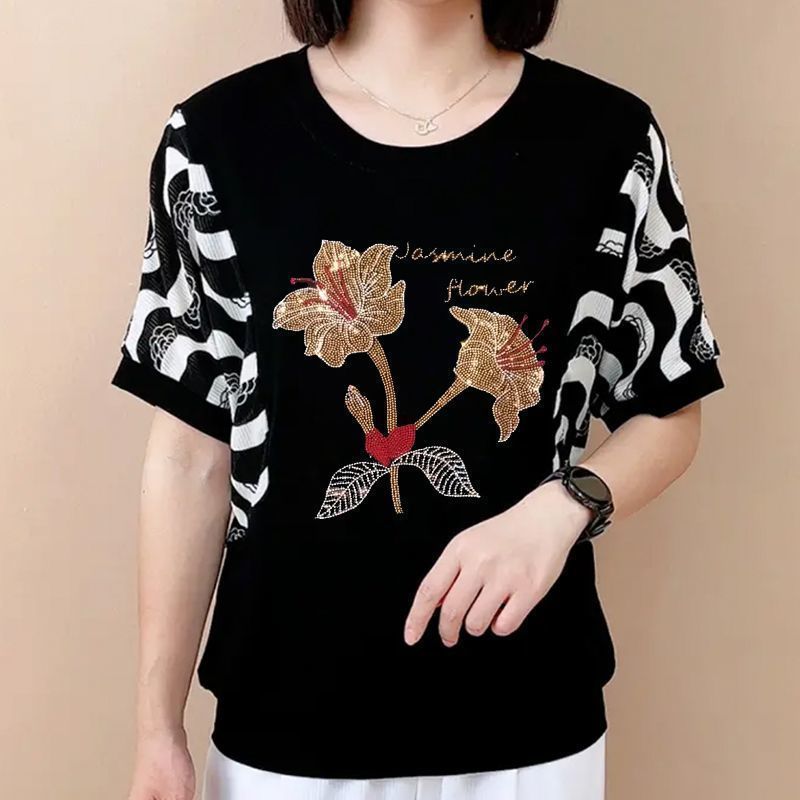 Summer Clothing For 60 Year Old Woman - Fashion O-Neck Striped Spliced Diamonds T-Shirts